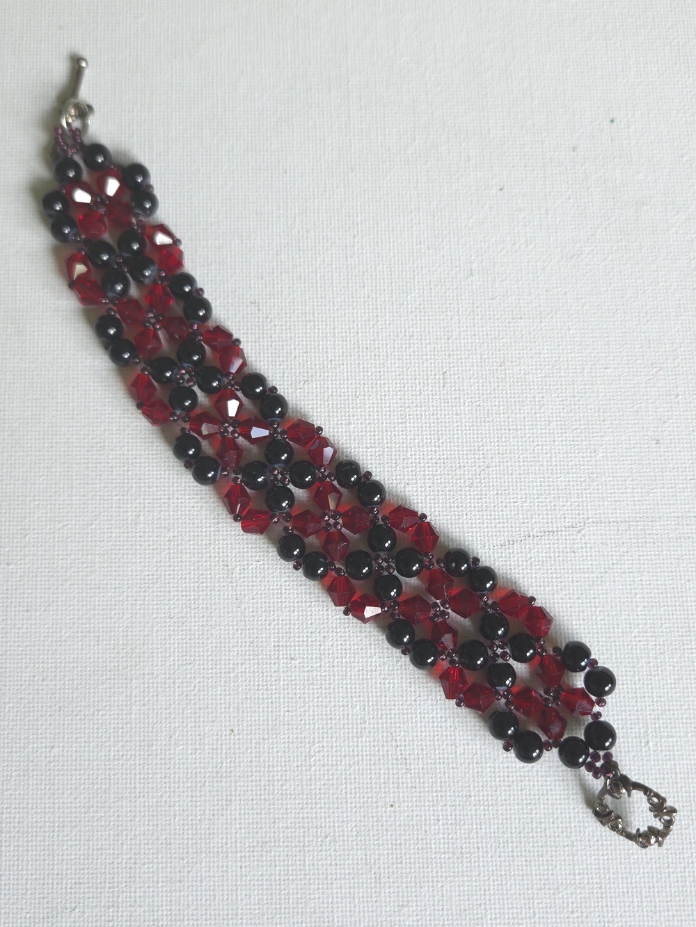 Handmade Beaded Crystal Cuff Bracelet Red & Black Gothic Glam Toggle Clasp